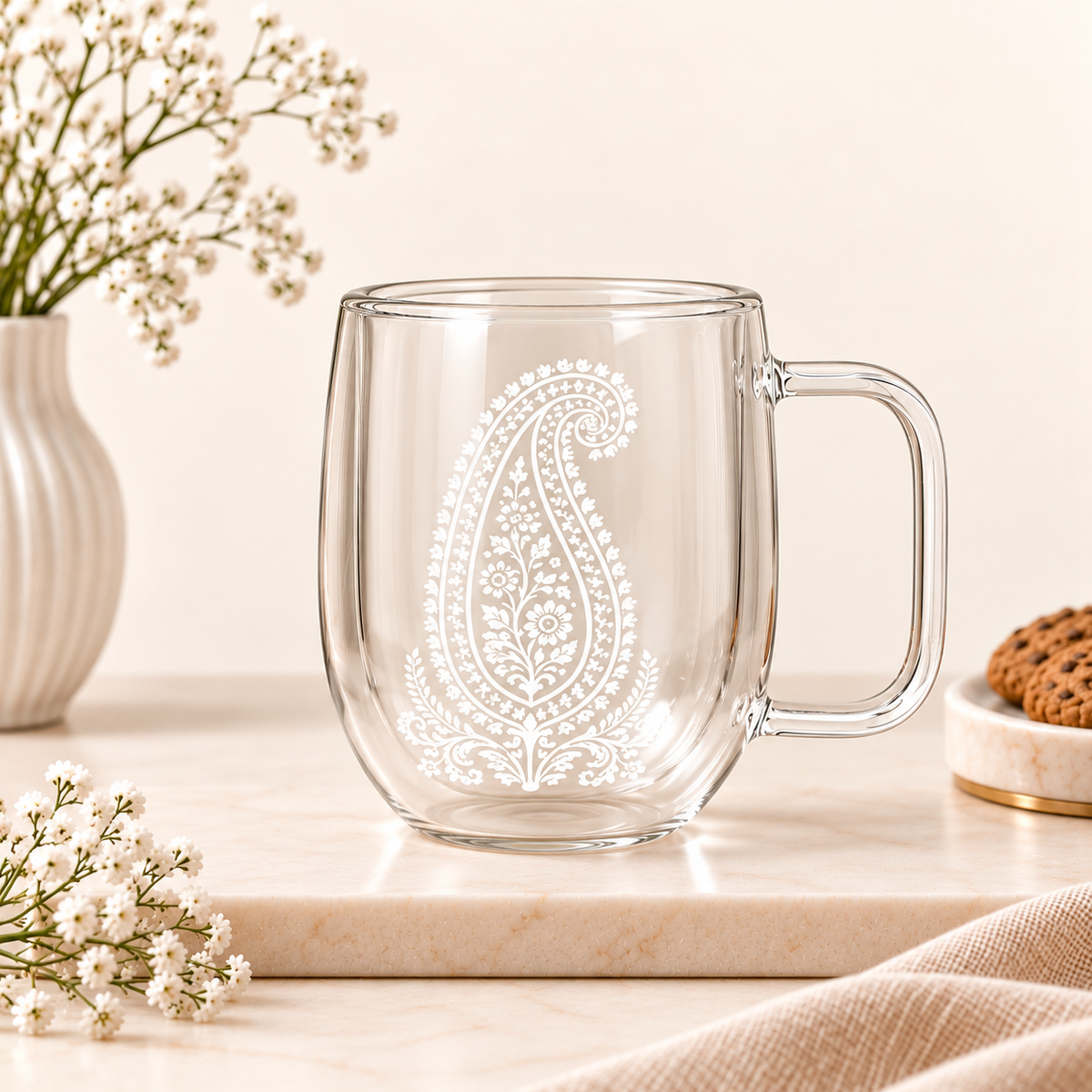 Royal Ambi — Double-Walled Borosilicate Glass Mug Set | Heritage Art, 250ml, Set of 2