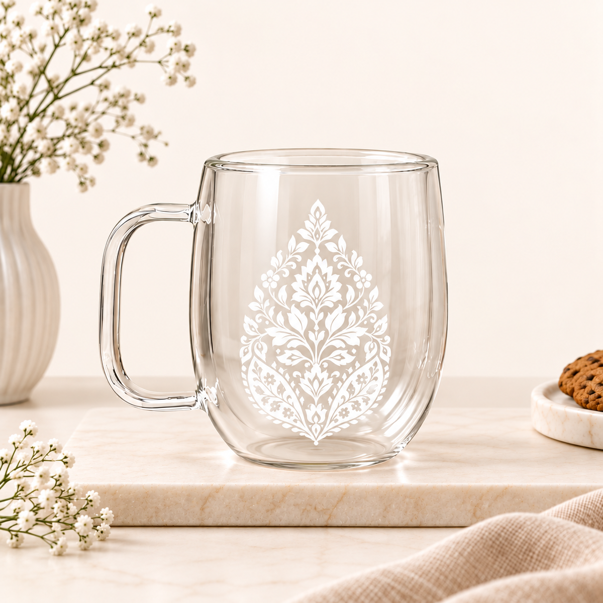 Noor Mughal — Double-Walled Borosilicate Glass Mug Set | Heritage Art, 250ml, Set of 2