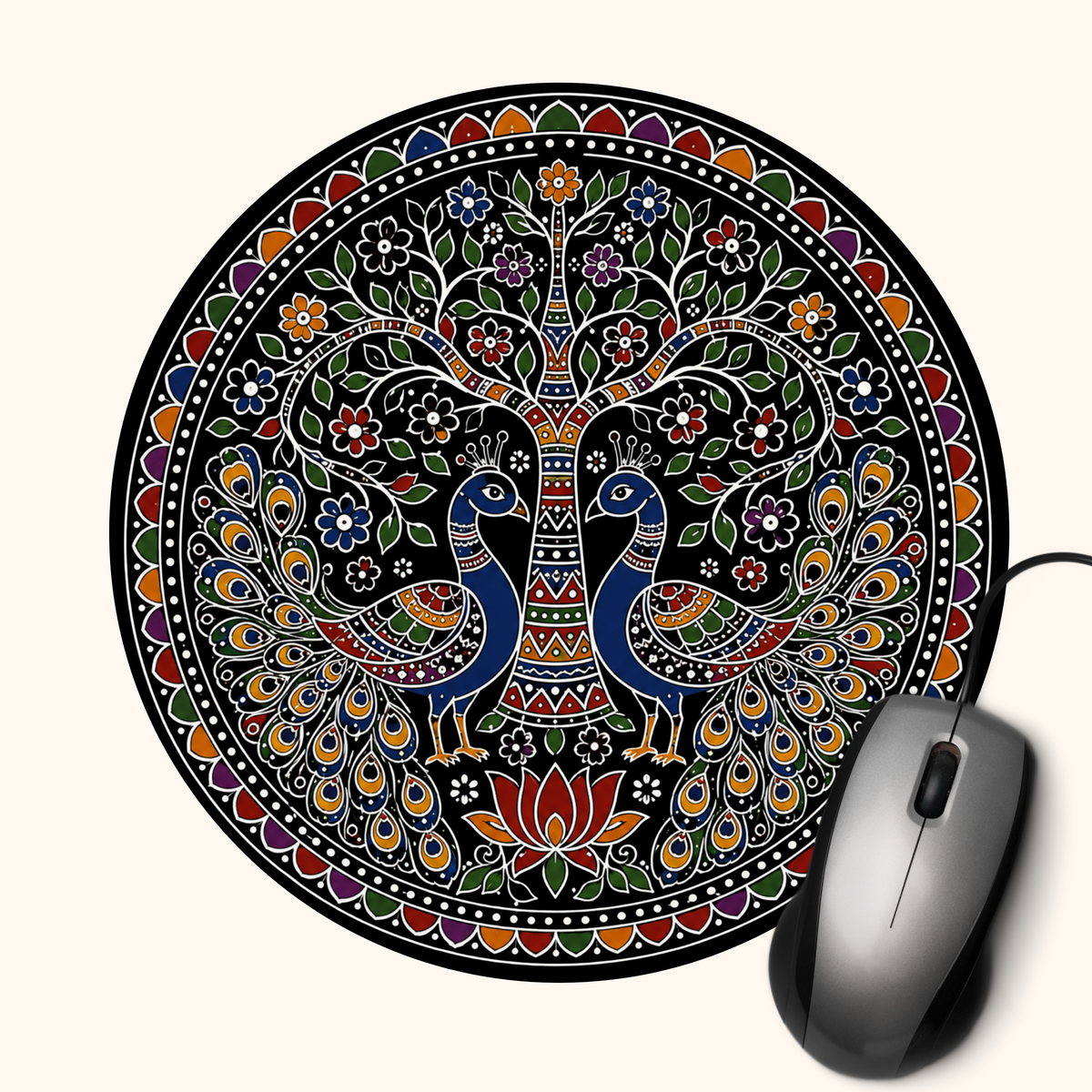 Peacock Dance — Heritage Art Mouse Pad | Indian Folk Design Desk Mat