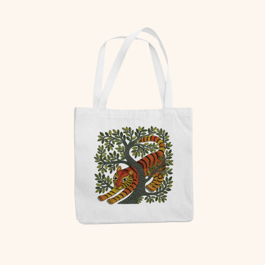 Sher — Tiger Heritage Art Zipper Tote Bag | Indian Folk Design, Canvas