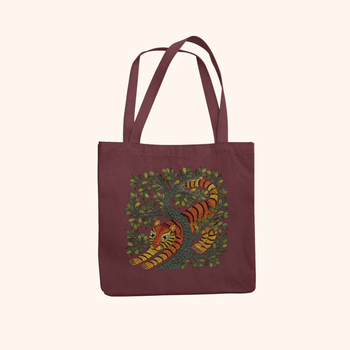 Sher — Tiger Heritage Art Zipper Tote Bag | Indian Folk Design, Canvas