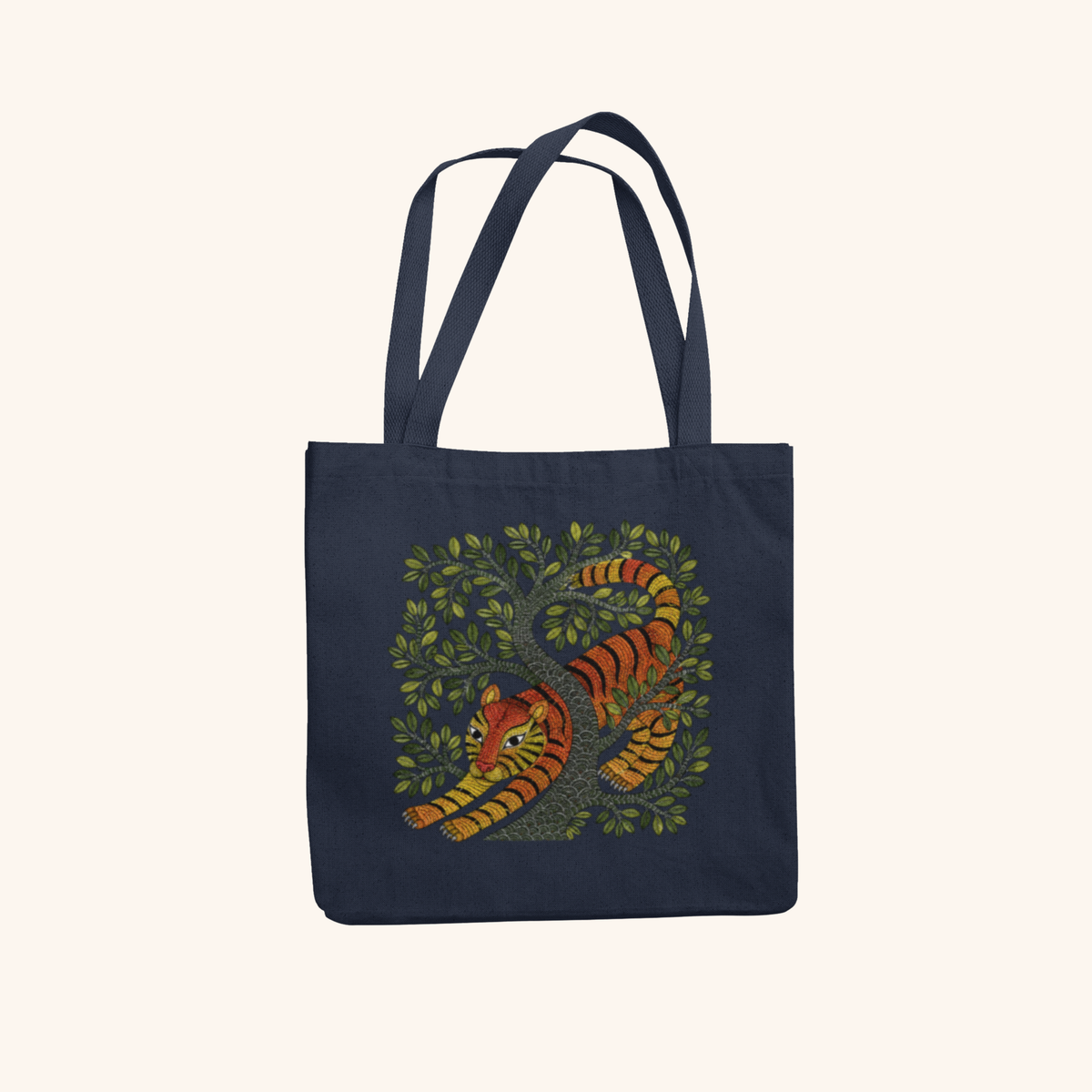 Sher — Tiger Heritage Art Zipper Tote Bag | Indian Folk Design, Canvas
