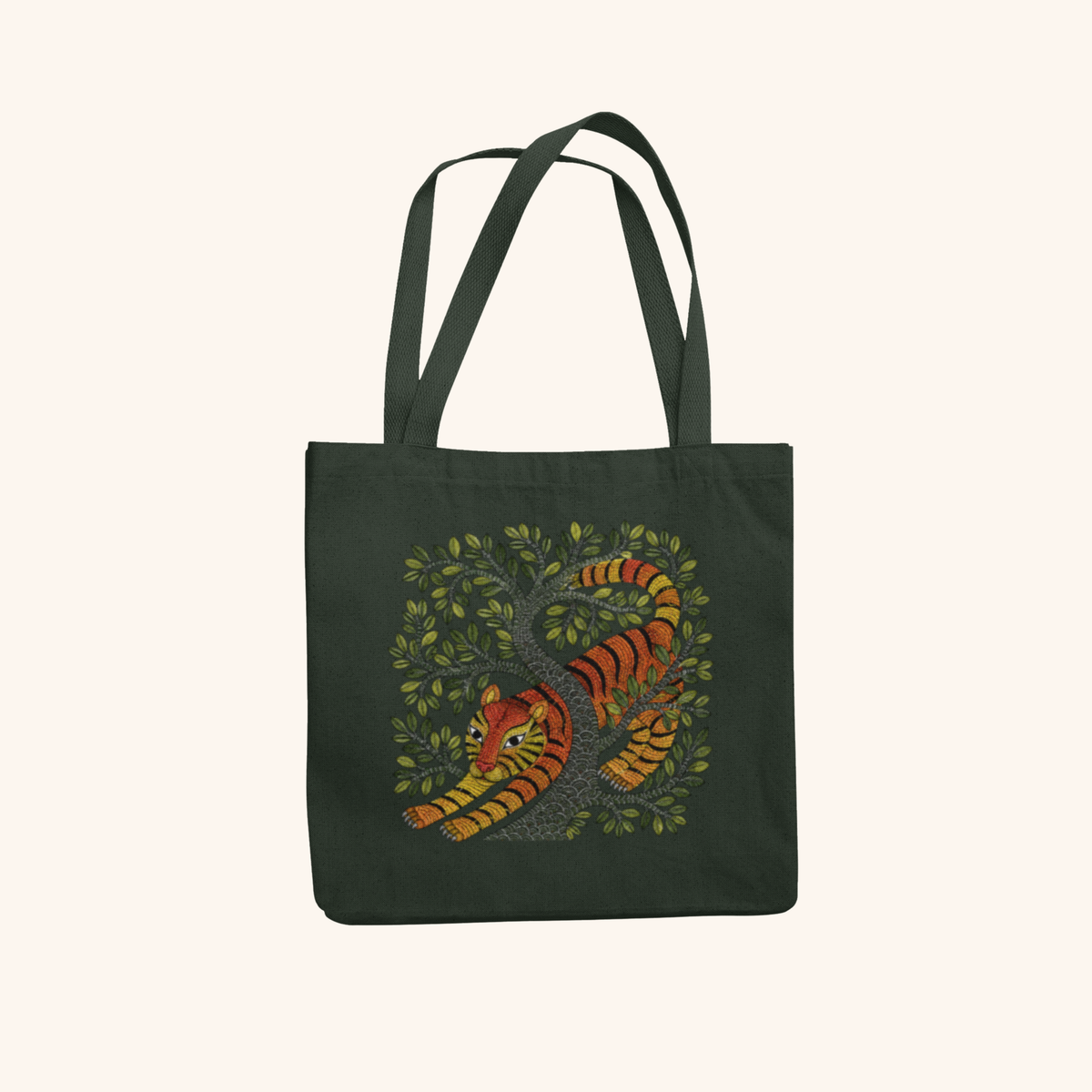 Sher — Tiger Heritage Art Zipper Tote Bag | Indian Folk Design, Canvas