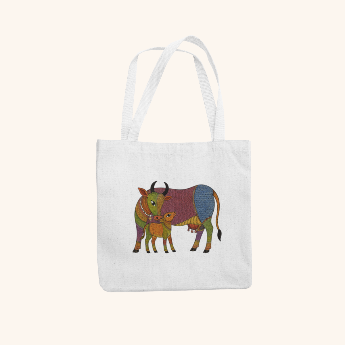 Cow — Sacred Heritage Art Zipper Tote Bag | Indian Folk Design, Canvas