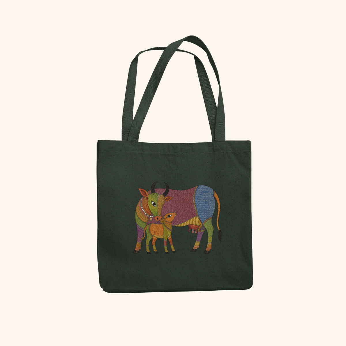 Cow — Sacred Heritage Art Zipper Tote Bag | Indian Folk Design, Canvas