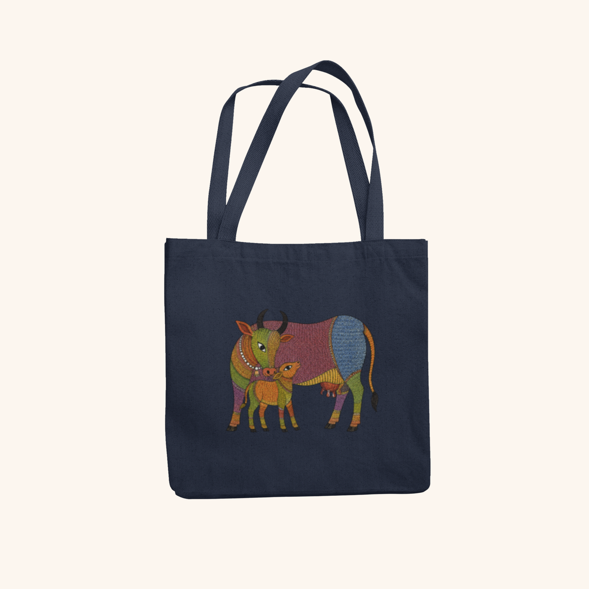 Cow — Sacred Heritage Art Zipper Tote Bag | Indian Folk Design, Canvas