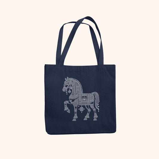 Ashwa — Horse Heritage Art Zipper Tote Bag | Indian Folk Design, Canvas