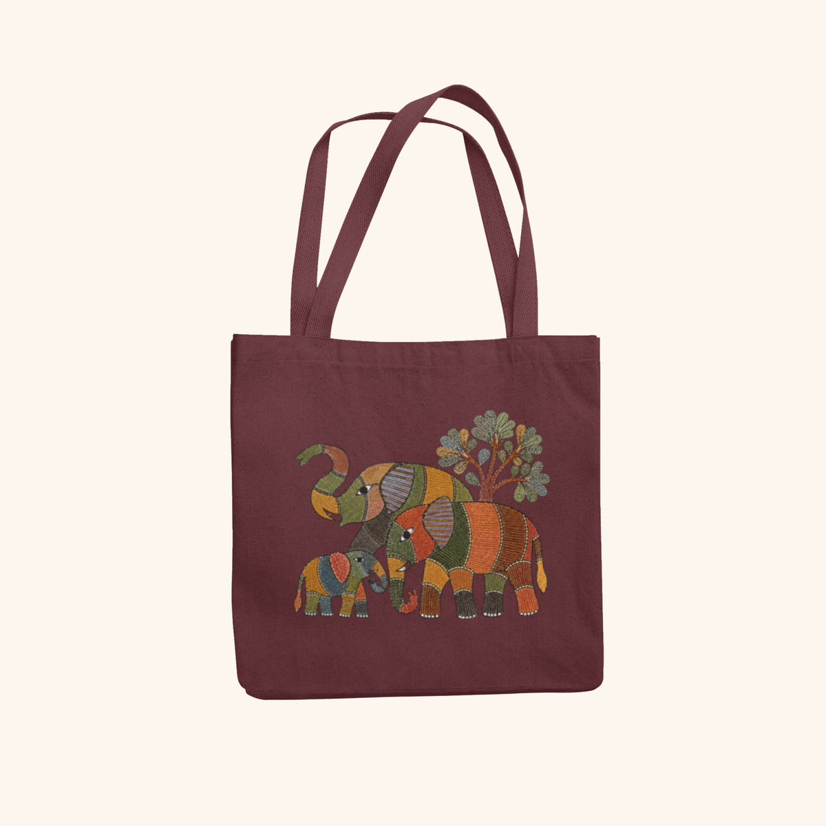 Elephants Heritage Art Zipper Tote Bag | Indian Folk Design, Canvas