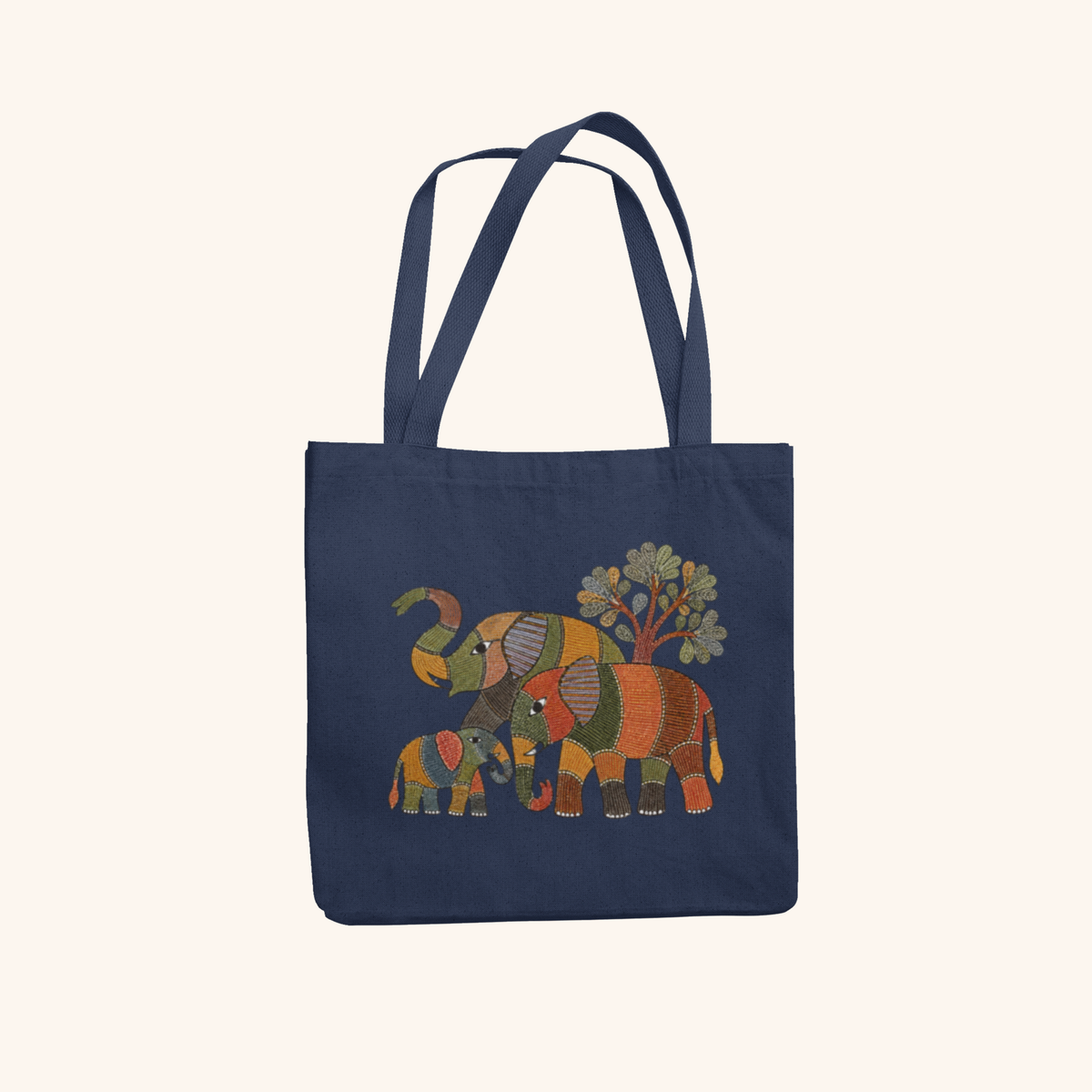 Elephants Heritage Art Zipper Tote Bag | Indian Folk Design, Canvas
