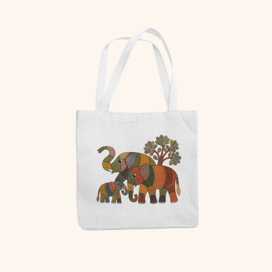 Elephants Heritage Art Zipper Tote Bag | Indian Folk Design, Canvas