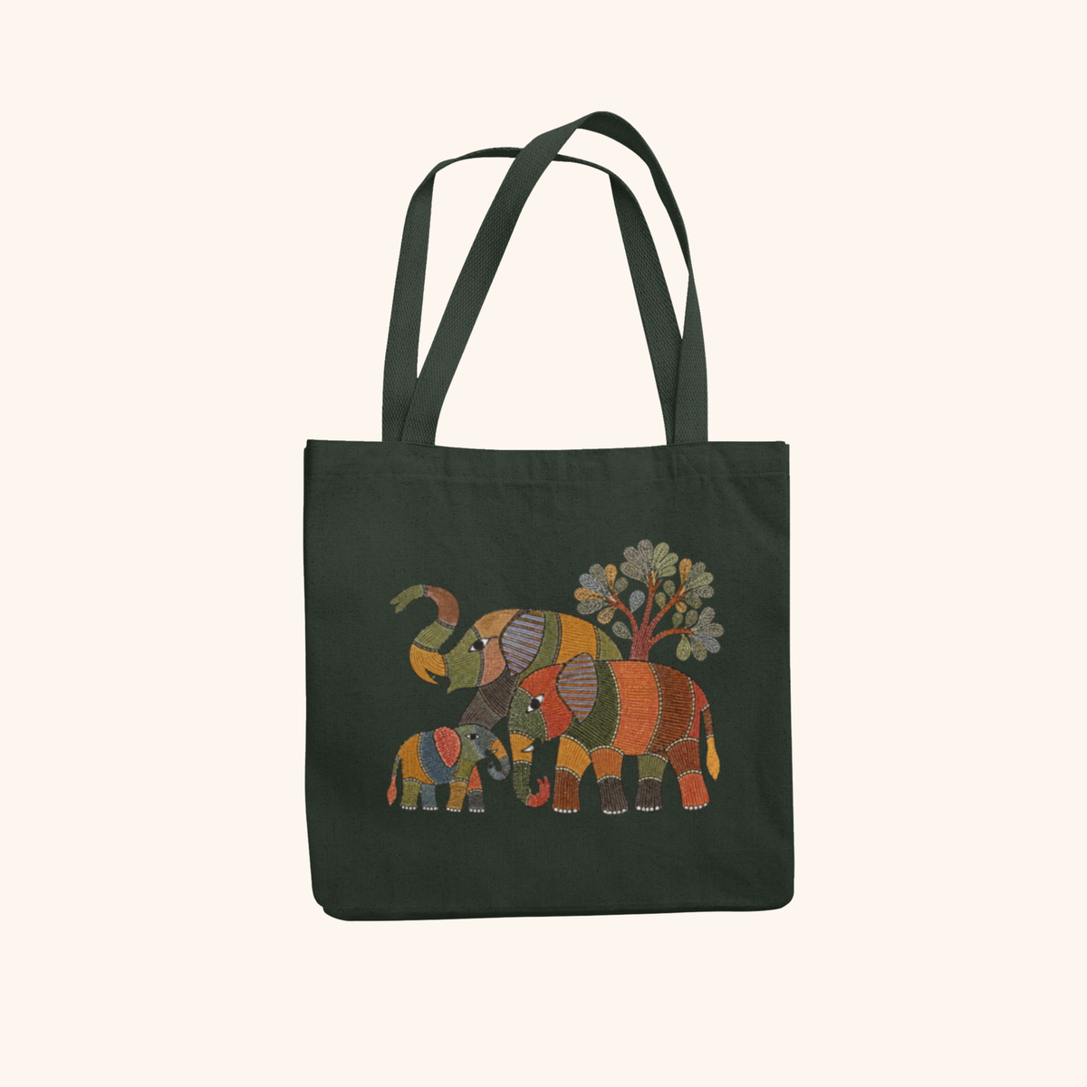 Elephants Heritage Art Zipper Tote Bag | Indian Folk Design, Canvas