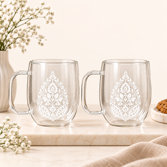 Noor Mughal — Double-Walled Borosilicate Glass Mug Set | Heritage Art, 250ml, Set of 2
