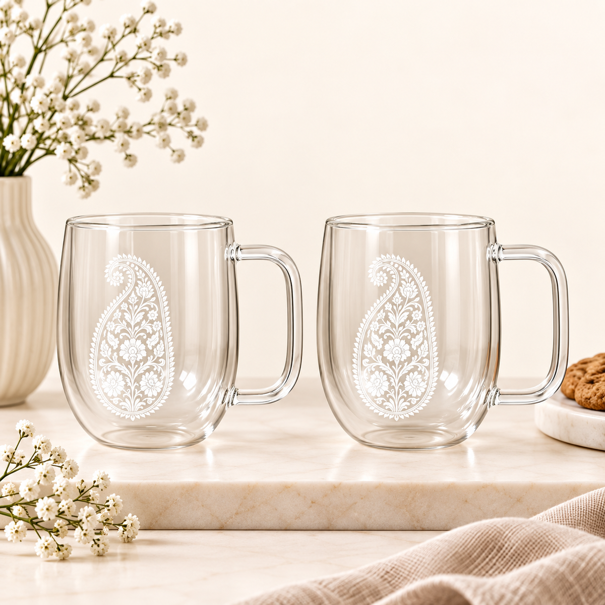 Shahi Paisley — Double-Walled Borosilicate Glass Mug Set | Heritage Art, 250ml, Set of 2
