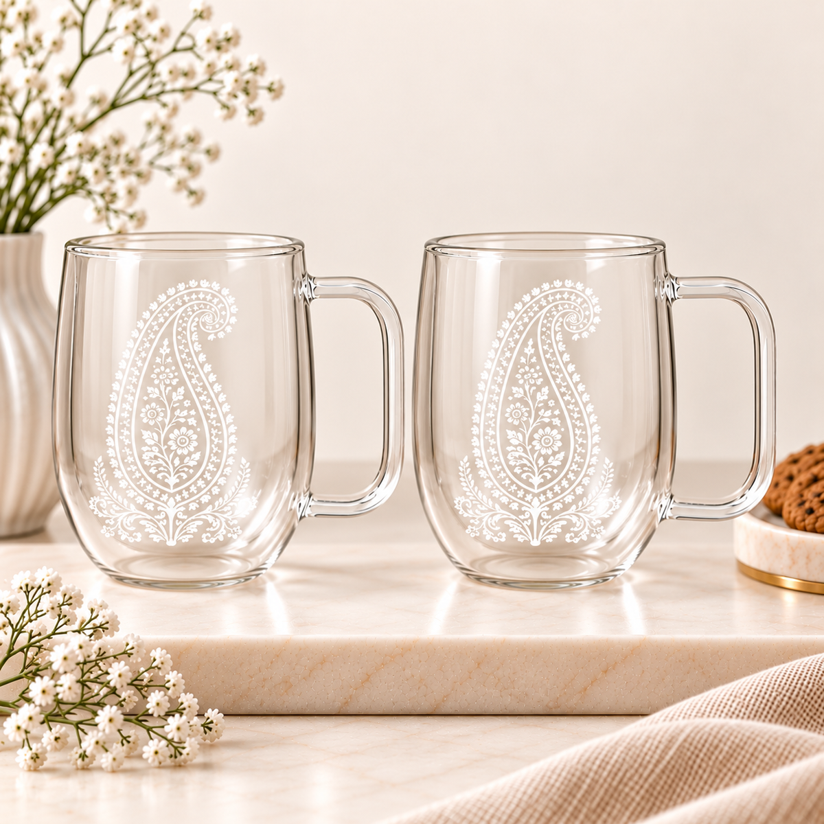 Royal Ambi — Double-Walled Borosilicate Glass Mug Set | Heritage Art, 250ml, Set of 2