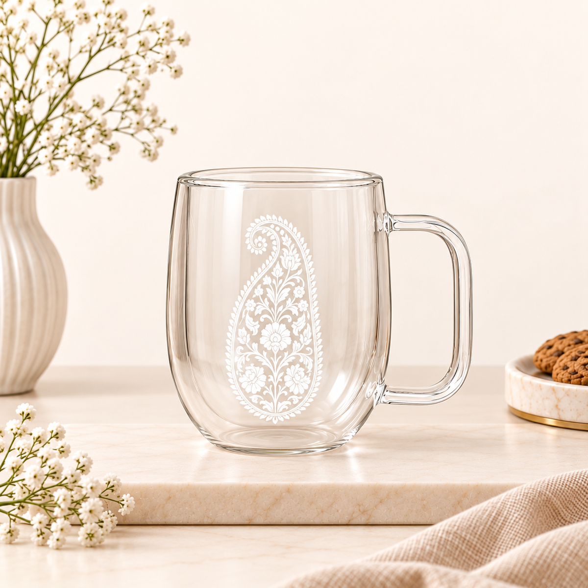 Shahi Paisley — Double-Walled Borosilicate Glass Mug Set | Heritage Art, 250ml, Set of 2